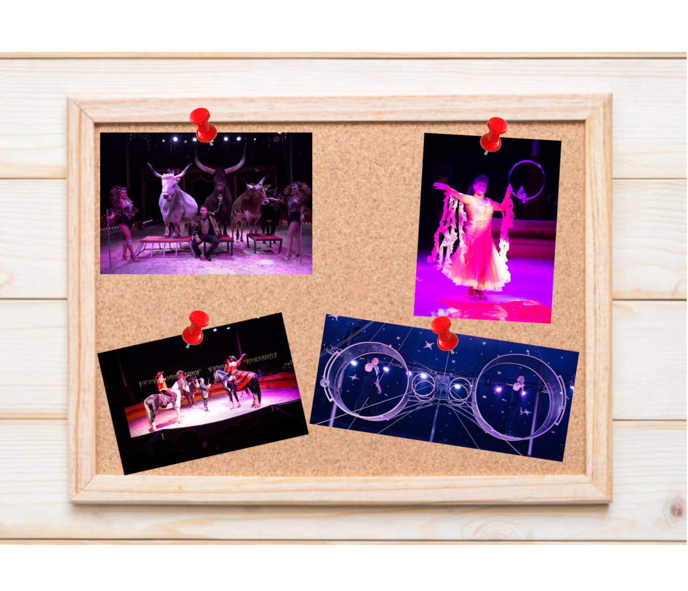 Collage von einer Circusaufführunge mit bunten Lichtern und Tänzern auf einer Pinnwand.