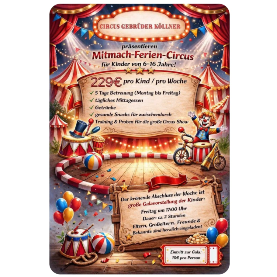 Farbige Ankündigung für ein Ferienprogramm mit Preis und Aktivitäten für Kinder.
