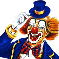 Clown mit roter Nase, bunten Haaren und Zylinder, der den Hut hebt und lächelt.