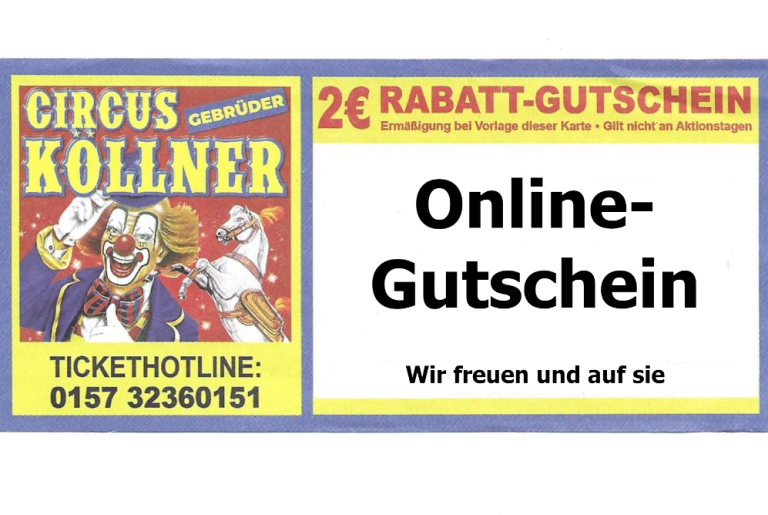 Gutschein für Circus Köllner mit einem Clown und Rabattinformationen.